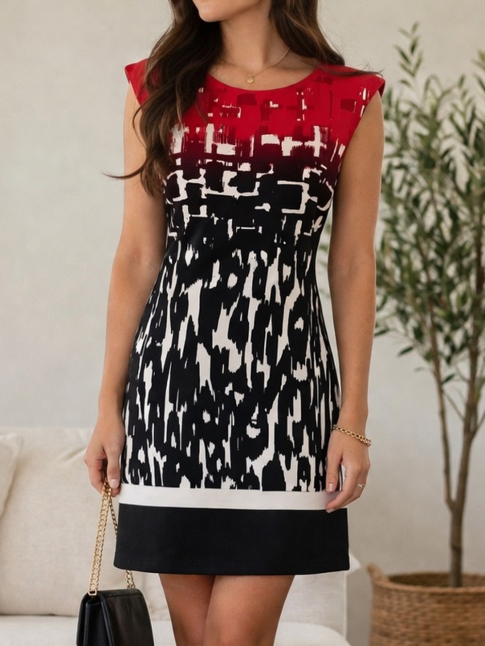 Signature by Sangria Red, Black and White Printed Cap-Sleeve Sheath Dress